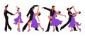 A set of illustrations, dancing couples, a man in black and a woman in a purple dress. Poster, print, postcard Royalty Free Stock Photo