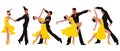 A set of illustrations, dancing couples, a man in black and a woman in a yellow dress in elegant poses. Poster, print