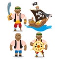 Set of illustrations depicting an African man and a pirate ship. The one-legged sailor at the helm with a sword and a strong man