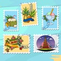 A set of illustrations for design summer bar. Postage stamps with the image of desserts, tropical island and fruit