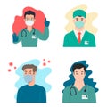 Set of Illustrations of doctors with antivirus protection, medical masks and protective glasses. Design element for