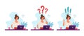 A set of illustrations, a female student studies at a desk with a laptop, a woman works in an office with a computer Royalty Free Stock Photo