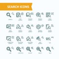 Set of illustrations fine line icons of analysis, search of information. 32x32 and 16x16 pixel perfect