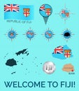 Set of illustrations of flag, contour map, money, icons of Fiji Island. Travel concept