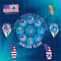 Set of illustrations of flag, contour map, money, icons of HOWLAND ISLAND. Territories of the United States. Travel concept