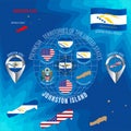 Set of illustrations of flag, contour map, money, icons of JOHNSTON ATOLL. Territories of the United States. Travel concept