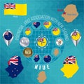 Set of illustrations of flag, contour map, money, icons of Niue. Travel concept
