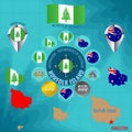 Set of illustrations of flag, contour map, money, icons of NORFOLK ISLAND. Travel concept