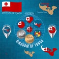 Set of illustrations of flag, outline map, icons of KINGDOM OF TONGA. Travel concept