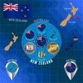 Set of illustrations of flag, outline map, icons of NEW ZEALAND. Travel concept