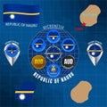 Set of illustrations of flag, outline map, icons of REPUBLIC OF NAURU. Travel concept