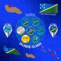 Set of illustrations of flag, outline map, icons of SOLOMON ISLANDS. Travel concept