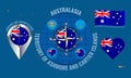 Set of illustrations of Flag, outline map, icons of TERRITORY OF ASHMORE AND CARTIER ISLANDS. Australian Outer Territory. Travel