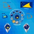 Set of illustrations of flag, outline map, icons of Tokelau. Travel concept