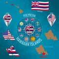 Set of illustrations of flag, outline map, money, icons of Hawaii. Travel concept