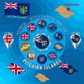Set of illustrations of flag, outline map, money, icons of Pitcairn Islands. Travel concept