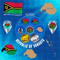 Set of illustrations of flag, outline map, Vanuatu icons. Travel concept