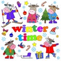 Illustrations with set of funny cartoon bulls for winter fun, bright figures on white background