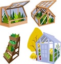set of illustrations garden greenhouses