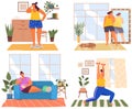 Set of illustrations about girl with excess weight doing sports and eating healthy food at home