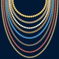 Set of gold chains, beads of precious stones in a large necklace