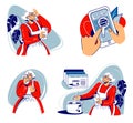 Set of illustrations grandmother uses a modern mobile phone. Elderly woman with short gray hair uses a smartphone