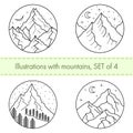 Set of 4 illustrations with hand drawn night mountain landscape