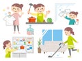 Set of illustrations of housewives doing various household chores