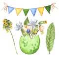 Set of illustrations with the image of spring flowers, eggs and holiday flags. Elements are isolated on a white background Royalty Free Stock Photo