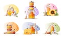 A set of illustrations with a jar of honey, a wooden spoon, bees and flowers on a multi-colored background in the form