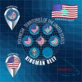 Set of illustrations of KINGMAN REEF flag, outline map, coat of arms, icons. US territories. Travel concept