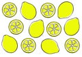 Set of illustrations of lemons. Whole and slices in rings. Black outline, yellow fill. Printmaking style.