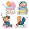 Set illustrations of little kids in a baby carriage and stroller Royalty Free Stock Photo