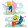 Set illustrations of little kids and baby carriage, stroller Royalty Free Stock Photo