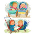 Set illustrations of little kids in a baby carriage and stroller Royalty Free Stock Photo