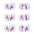 Set of illustrations - 2 man sitting at desk in various poses. Argue, chat, negotitations, talk. Meeting between business men.