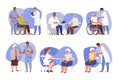 Set of Illustrations of Medical Care for Elderly. Aged People at Reception of Geriatric Doctor. Visiting Hospital.