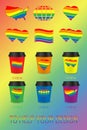 Set of illustrations of 100ml single layer paper cups with LGBT logos. Rainbow icon set. Help graphic designer Royalty Free Stock Photo