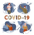 Set of illustrations with multinational people wearing respiratory medical masks, concept of covid19