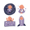 A set of illustrations with a newborn baby, a little boy in the womb, sleeping on his back, a child in pajamas playing