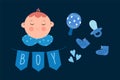 A set of illustrations for a newborn baby. Vector design elements of a postcard for a boy. DIY blue children's postcards Royalty Free Stock Photo