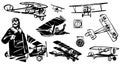 Set of illustrations Nieuport-17. French pilot of World War I against the background of the biplane Nieuport-17. Royalty Free Stock Photo