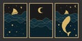 Set of illustrations of a night ocean. Minimalist background with midnight sky and ocean view and silhouettes