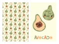 set of illustrations and patterns with juicy avocado in cartoon style. Royalty Free Stock Photo