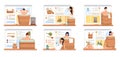 Set of illustrations about people relaxing in sauna on background of poster with sauna accessories