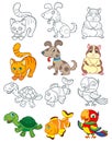 Illustration with set of Pets, bright animales and contours isolated on a white background