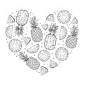 Set of illustrations of pineapple fruits in the shape of a heart. Whole, half and pieces. Black outline isolated on a white Royalty Free Stock Photo