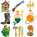 Set illustrations with pirate attributes. Various items Medieval Pirates. Cartoon drawing for gaming mobile applications