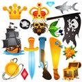 Set illustrations with pirate attributes. Various items Medieval Pirates. Drawing on themes Ganster to design T-shirts, playing