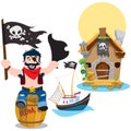 A set of illustrations on the pirate theme. A man sitting on a wooden barrel and holds the Jolly Roger and tricorne. Small fishing
